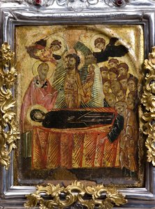 Griechisch-byzantinische Ikone der Himmelfahrt oder Entschlafung der Jungfrau, vor dem 11. Jahrhundert