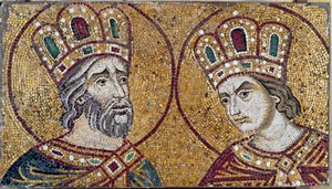 Der römische Kaiser Konstantin I. mit seiner Mutter, der Heiligen Helena (Mosaikdetail)