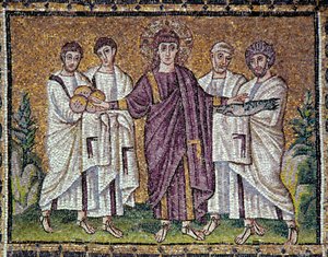 Byzantinische Kunst: „Die Brot- und Fischvermehrung“ Mosaik des 6. Jahrhunderts. Basilika von Sant