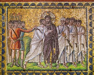 Christus umgeben von Aposteln; er wird von römischen Soldaten ergriffen