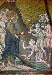 Jesus heilt die Lahmen und Blinden (Mosaik) von Byzantine School