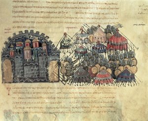 Byzantiner belagern Messina, aus dem Madrid Skylitzes von Byzantine School