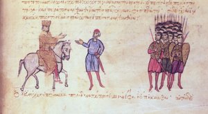 MMS Vitr 26-7 Die byzantinische Armee vertreibt die Bulgaren des Zaren Krum, aus dem Madrid Skylitzes