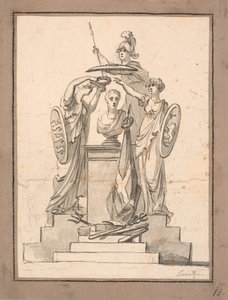 Eine Büste (Fr. VI?) wird von drei Frauen mit Wappenschilden bekränzt