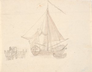 Ein Schiff mit Segel und Wimpel und ein Boot. Links zwei Pferdewagen