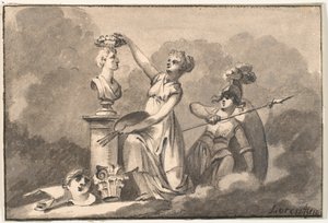 Kunst und Wissenschaft bekränzen eine Büste