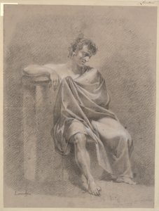 Sitzendes Modell in Draperie. Sitzend auf niedriger Plinthe und ruhend mit dem rechten Arm auf hoher Plinthe von C.A. Lorentzen