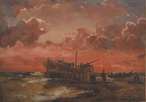 Ein Wrack an der Westküste Jütlands bei Sonnenuntergang von C.F. Sørensen