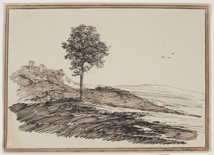 Berglandschaft mit Bäumen, im Hintergrund Häuser von C.F. von Rumohr