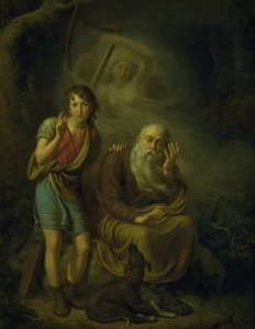 Ossian und Alpins Sohn hören den Geist von Malvina die Harfe berühren. Illustration von Ossians Schwanengesang von C.G. Kratzenstein Stub