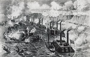 Admiral David Dixon Porters Flotte durchbricht die Rebellenblockade am Mississippi bei Vicksburg, 16. April