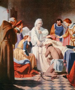 Kolumbus auf seinem Sterbebett, die Ketten haltend, in denen er von seiner dritten Reise zurückkehrte