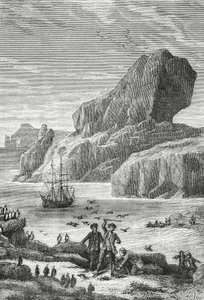 Entdeckung von Australfrankreich (Kerguelen-Inseln) durch den französischen Entdecker Yves-Joseph de Kerguelen-Tremarec (1734-1797), Februar 1772, Gravur, Indischer Ozean, Französische Süd- und Antarktisgebiete