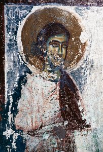 Figur eines Heiligen, Fresko in der Kirche Taxiarhon, Alt-Pyli, Kos Insel, Griechenland (Foto)