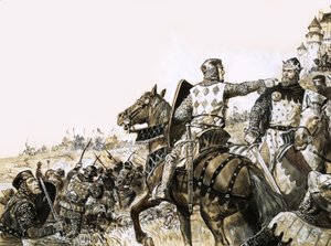 Unidentifizierte Schlachtszene mit Soldat, der auf den König zeigt