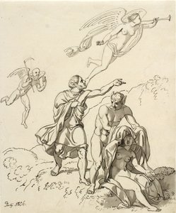 Allegorische Komposition; ein paar junge Männer mit Eselsohren und eine sitzende nackte Frau, im Hintergrund die Zeit und Fauna schwebend