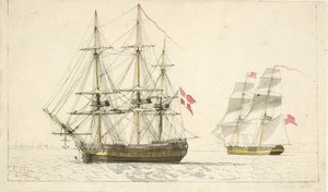 Eine dänische Fregatte vor Anker und eine englische Brigg unter Segel