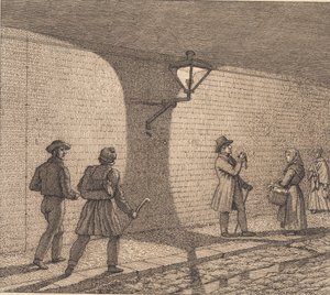Straßenszene bei Laternenlicht. Illustration zu "Linearperspectiven", Tafel VIII