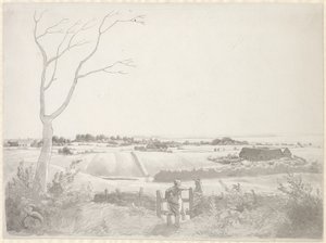 Landschaft mit Bauernmädchen an einer Steinmauer