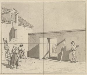 Linearperspektiven, angewendet auf die Malerei - Entwurf für nicht verwendete Illustration - Dänischer Hof mit vier Bauern und Handwerkern von Christoffer Wilhelm Eckersberg
