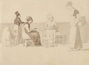 Szene aus einem Hof oder Kai in Paris. Vier sitzende, stehende und gehende Figuren. von Christoffer Wilhelm Eckersberg