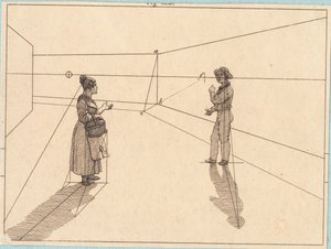 Zwei Figuren in einer geometrischen Konstruktion. Illustration zu "Linearperspectiven", Tafel IV