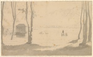 Aussicht über einen See, links ein Badehaus, in der Mitte Reiter, die Pferde tränken, im Vordergrund bewaldet von Christoffer Wilhelm Eckersberg