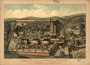 Vogelperspektive des konföderierten Gefängnishofs in Salisbury, N.C., aufgenommen 1864 von C. A.; J.H. BuffordS Sons Lith Kraus