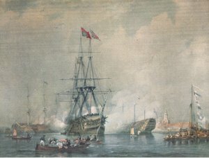 HMS Victory feuert einen königlichen Salut im Hafen von Portsmouth, aus British Adventure veröffentlicht von Collins, 1947