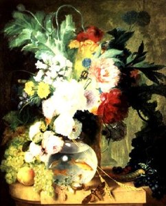 Stillleben mit Blumen und Fischglas