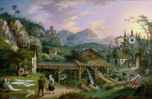Bilduhr mit Szene eines alpinen Dorfes mit Uhrwerk im Kirchturm, 1833