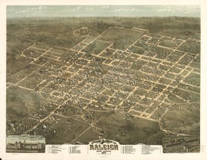 Vogelperspektive der Stadt Raleigh, North Carolina 1872 von C. N. Drie