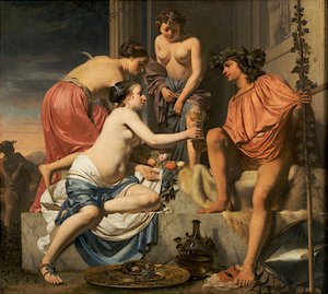 Bacchus auf einem Thron - Nymphen bieten Bacchus Wein und Früchte an