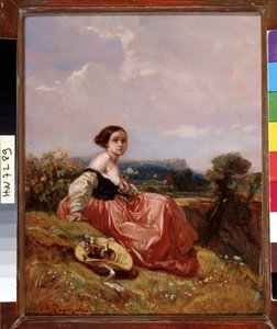 Junges Mädchen mit Hut vor dem Berg Sainte-Victoire von Camille Joseph Etienne Roqueplan