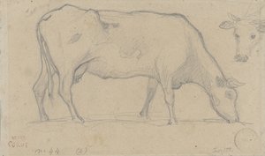 Weidende Kuh, rechts oben nochmals ein Kuhkopf von Camille Corot