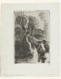 Hirtin mit Kühen am Wasser von Camille Jacob Pissarro