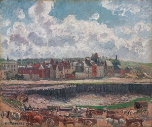 Pferde und Karren vor dem Fischereihafen, Dieppe, bei Ebbe; Chevaux et charrettes devant la darse de pêche, Dieppe, marée basse, 1902