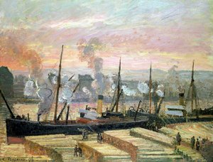Sonnenuntergang in Rouen, Boote entladen Holz, 1896 von Camille Jacob Pissarro