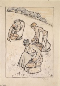 Frauen, die das Gras jäten (Feder und indische Tinte mit Aquarell über Kohle auf Papier)