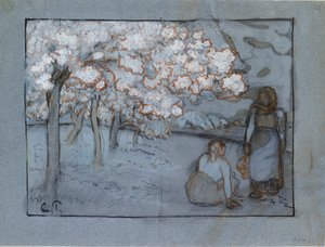 Kompositionsstudie von zwei weiblichen Bauern, die sich in einem Obstgarten unterhalten, ca. 1894