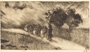 Kühe bei Einbruch der Dämmerung hüten von Camille Pissarro