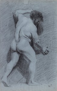 Studie eines männlichen Aktes, der an einer Wand steht und nach rechts schaut, 1856-1860 von Camille Pissarro