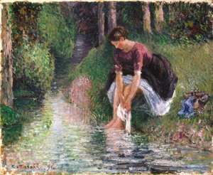 Frau wäscht ihre Füße in einem Bach von Camille Pissarro