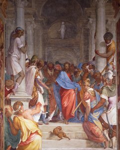 Ehebrecherin vor Christus, Fresko von Camillo Boccaccino (1501-1546) im Presbyterium der Kirche San Sigismondo, Cremona, Italien