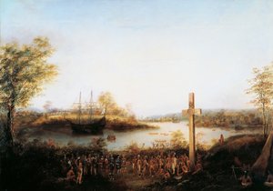 Jacques Cartier errichtet ein Kreuz in Stadacona, wo heute die Stadt Quebec steht von Canadian School