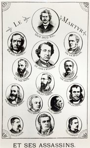 Louis Riel (1844-85) und seine Mörder, Illustration aus Le Gibet de Regina, veröffentlicht 1886