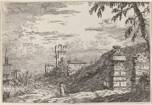 Landschaft mit Turm und zwei zerstörten Säulen