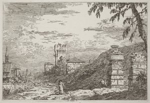 Landschaft mit Turm und zwei zerstörten Säulen [links] von Canaletto