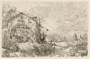 Landschaft mit einer Frau am Brunnen von Canaletto