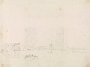 Skizze von Booten und einem großen Gebäude, vom anderen Ufer des Medina-Flusses